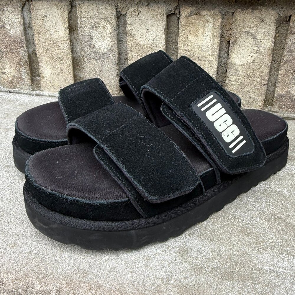 UGG PLATFORM GREER SLIDE SANDAL 7 Women's Logo Open Toe Slip On Black Casual New